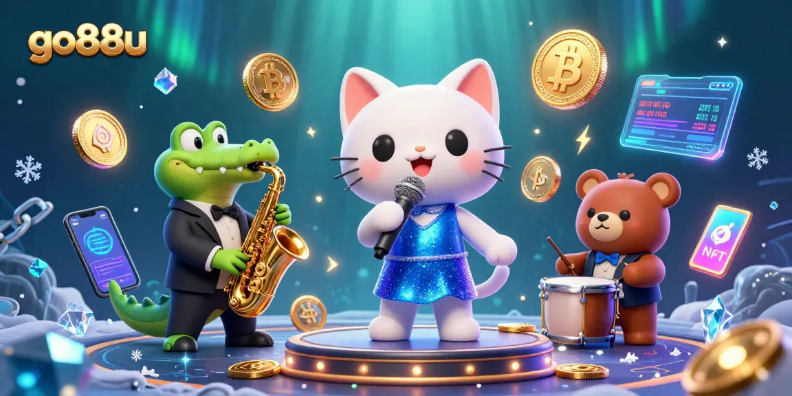 Join the vibrant action at go88u with our jazz-singing cat, croc, and bear in a colorful casino scene.