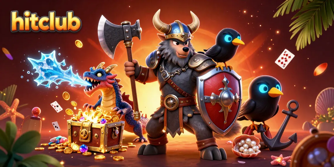 Engage with Hitclub's thrilling gaming world, featuring vibrant characters and casino elements.