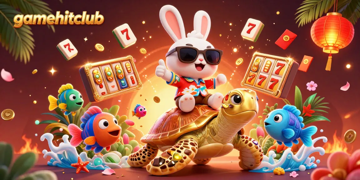 Play vibrant games at gamehitclub with an adorable rabbit and giant sea turtle illustration.