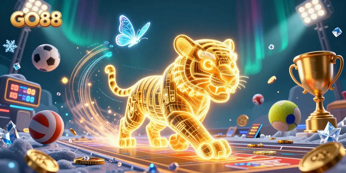 Experience the thrill of winning at GO88 with a dazzling 3D casino scene featuring a golden tiger and dynamic sports elements.