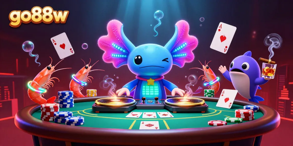 Experience the vibrant go88w gaming scene with an axolotl DJ and coral surroundings.