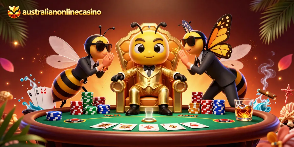 Australianonlinecasino offers thrilling poker action with cartoon characters in a vibrant casino scene.