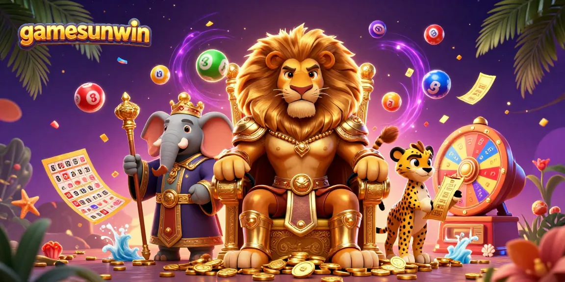 Engage with gamesunwin's vibrant lottery scene, showcasing royalty and excitement in 3D art.
