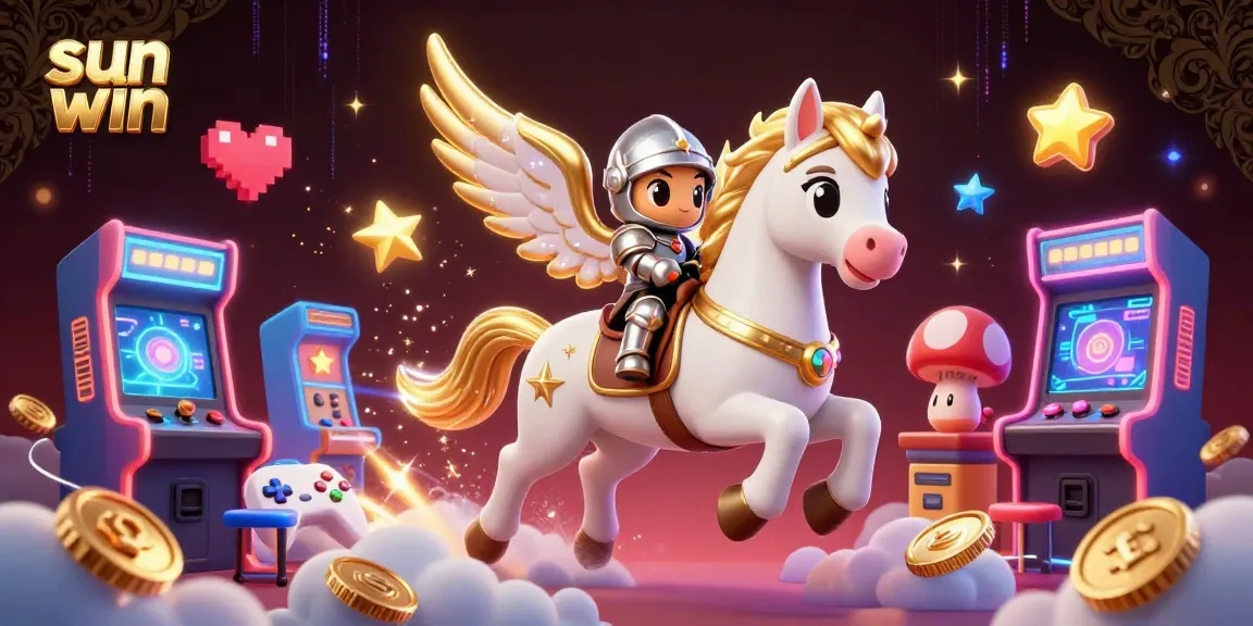 Experience thrilling gameplay in sun win with vibrant arcade machines and a magical steed.